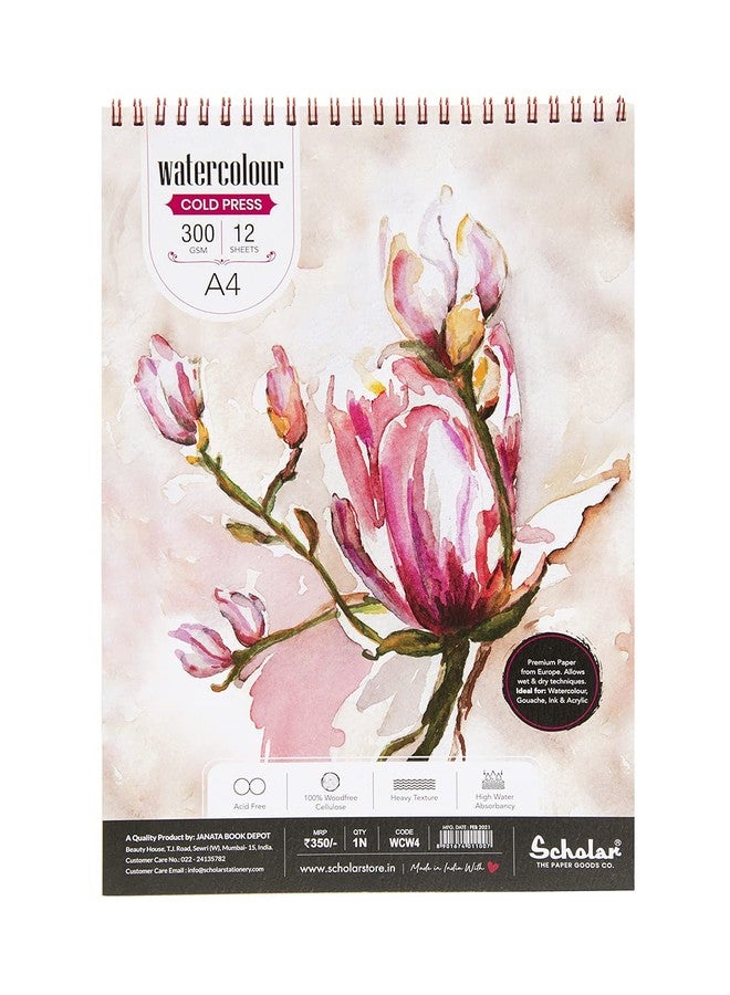 Scholar Watercolor Pad - 300 GSM Cold Pressed Acid Free Paper | Wire-O Bound Artist Pad Suitable for Watercolor, Gouache, Acrylic, Graphite, Pen & Ink (A4) (12 Sheets) - Image 1